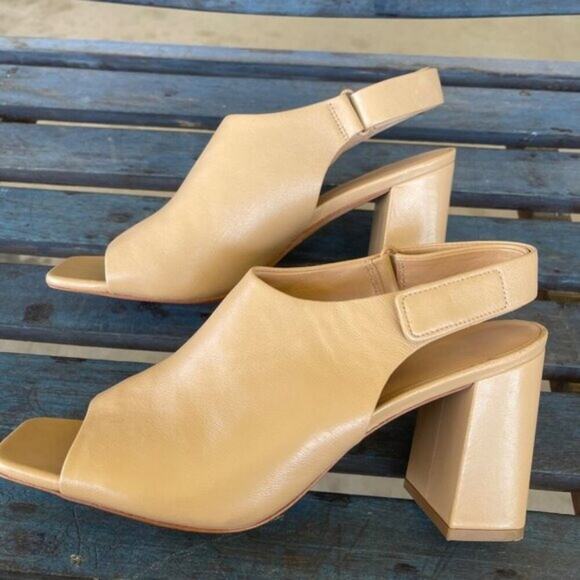 Vince Niara Tan Leather Slingback Block Heel Square Open Toe Sandal Women 9.5M - Picture 6 of 11